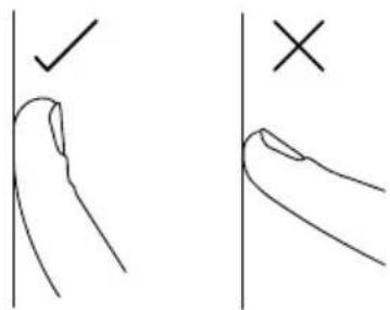 Diagram showing hand gesture with checkmark and cross symbols, likely illustrating correct and incorrect positioning or selection.