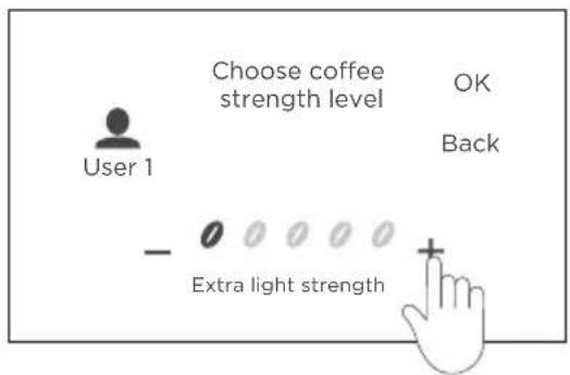 Choose coffee strength level OK Back User 1 - Extra light strength