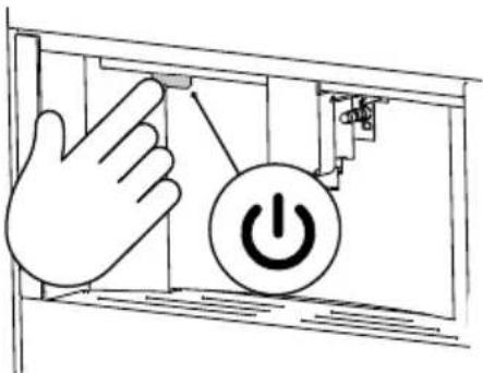 Diagram showing a hand pressing a button labeled 'Power' with an icon, likely illustrating a control or mechanical operation.