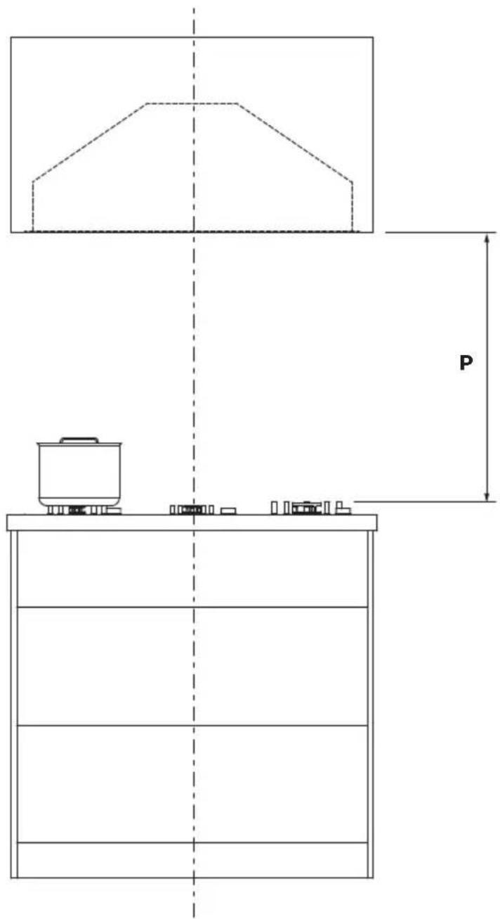 Technical diagram showing a mechanical setup with a top view, a central vertical dimension labeled 'P', and a small device on a platform.