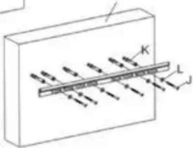 Technical diagram showing a rectangular block with internal parallel lines and directional arrows, labeled K, L, J.