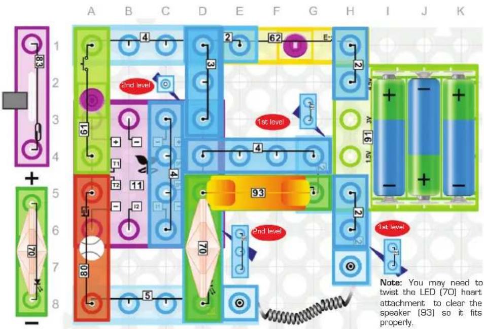 A B C D E F G H I J K 1 2nd level 3 4 5 6 7 8 93 1st level 2nd level 3 4 5 6 7 8 93 1st level Note: You may need to twist the LED (70) heart attachment to clear the speaker (93) so it fits properly.