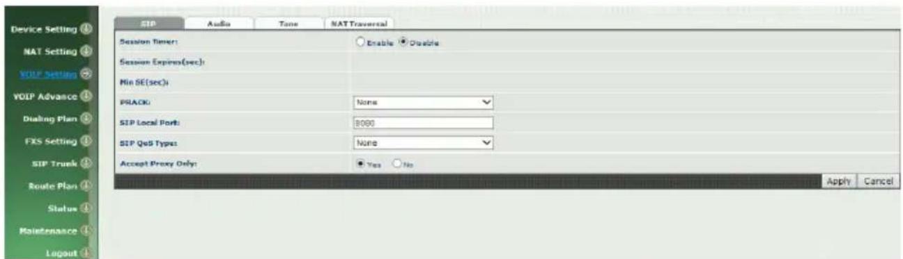 Device Setting NAT Setting VOLP Setting VOLP Advance Dialing Plan FXS Setting SIP Truck Route Plan Status Maintenance Layout SIP Audio Time NAT Traversal Session Timer: Enable Disable Session Expires(sec): Min SE(sec): PRACK: None SIP Local Port: 8000 SIP QoS Types: None Accept Proxy Only: Yes No Apply Cancel