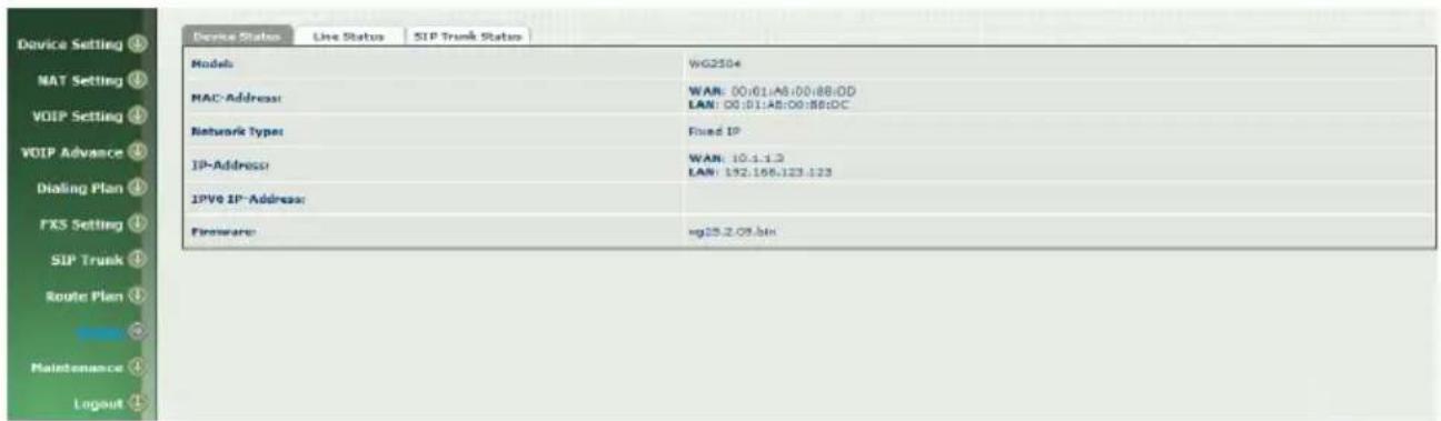 Device Status Line Status SIP Trunk Status Models MAC-Address: Network Types IP-Address: IPV0 IP-Address: Firmware: WG2504 WAR: 00:01:A6:00:88:0D LAN: 00:01:A5:00:B6:DC Fixed IP: WAR: 10.1.1.2 LAN: 192.166.123.123 wg25.2.09.shn