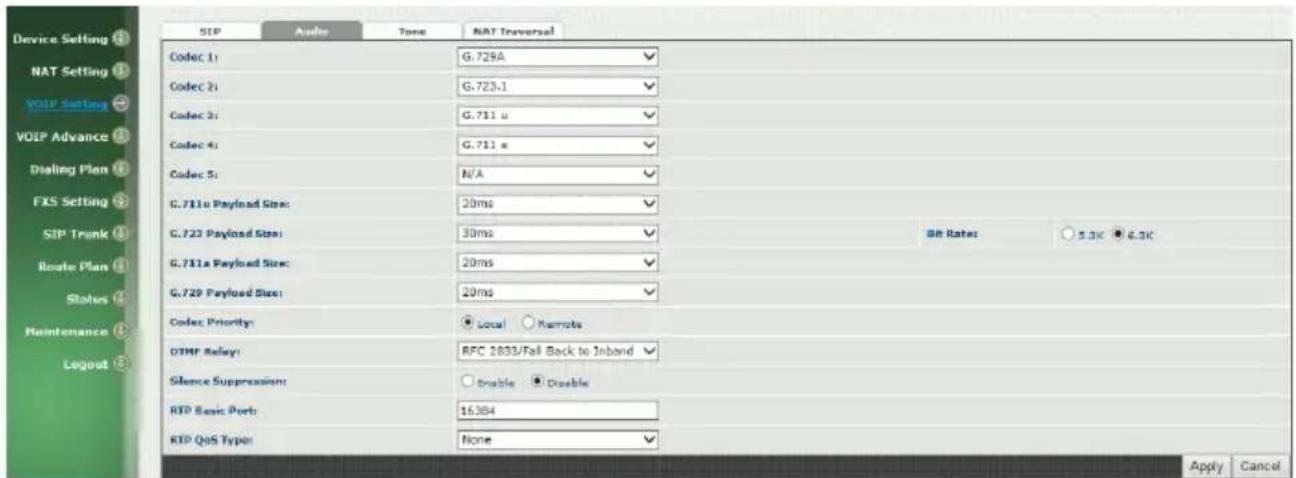 Device Setting NAT Setting VOIP Setting VOIP Advance Dialing Plan FXS Setting SIP Trunk Route Plan States Maintenance Logout SIP Audio Tone NAT Traversal Codec 1: G.729A Codec 2: G.723.1 Codec 3: G.711 u Codec 4: G.711 a Codec 5: N/A G.711u Payload Size: 20ms G.723 Payload Size: 30ms G.711a Payload Size: 20ms G.729 Payload Size: 20ms Codec Priority: Local Remote OTMF Relay: RFC 1803/Fall Back to Inband Silence Suppression: Disable RTP Basic Port: 16384 RTP QoS Type: None Bit Rate: 5.0K ● 6.0K Apply Cancel