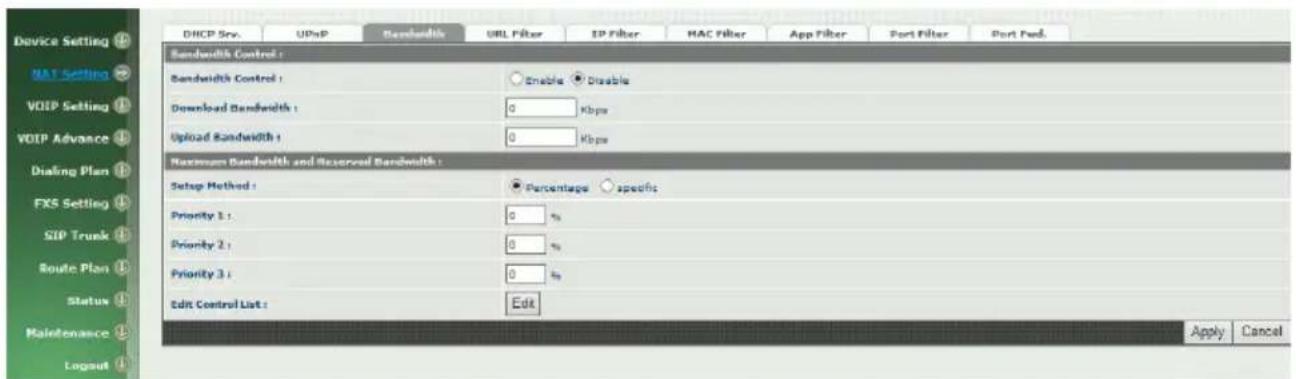 Device Setting MA1 Setting VOIP Setting VOIP Advance Dialing Plan FXS Setting SIP Trunk Route Plan Status Maintenance Logout DHCP Seq. UPnP Bandwidth URL Filter IP Filter HAC Filter App Filter Port Filter Port Fwd. Bandwidth Control : Bandwidth Control : Enable Disable Download Bandwidth : 0 Kbps Upload Bandwidth : 0 Kbps Maximum Bandwidth and Reserved Bandwidth : Setup Method : Percentage specific Priority 1 : 0 % Priority 2 : 0 % Priority 3 : 0 % Edit Control List : Edit Apply Cancel