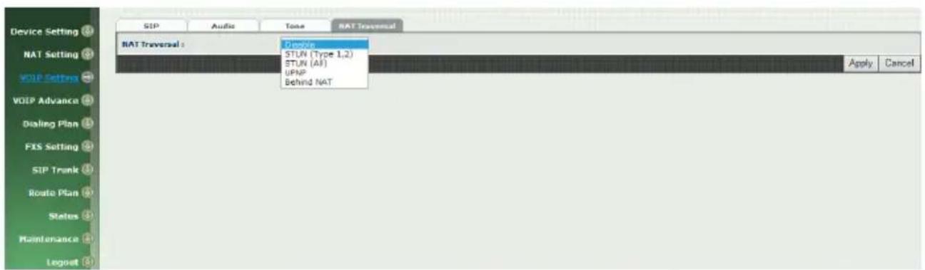 Device Setting NAT Setting VOIP Settings VOIP Advance Dealing Plan FXS Setting SIP Trunk Route Plan Status Maintenance Logout SIP Audio Tone NAT Traversal NAT Traversal : Drain: STUN (Type 1,2) STUN (AI) UPNP Behind NAT Apply Cancel