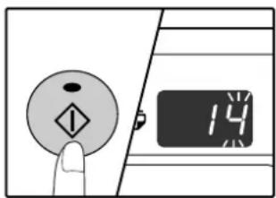 Diagram showing a finger pressing a circular symbol with a diamond and a digital display showing 14 units.