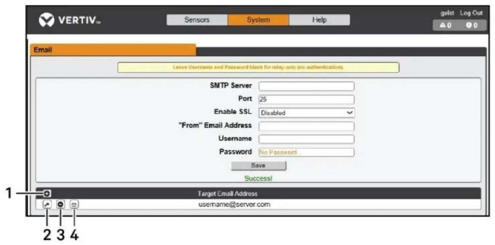 VERTIV™ Sensors System Help gelst Log Out A 0 0 Email Leave Username and Password blank for relay only (no authentication). SMTP Server Port 25 Enable SSL Disabled "From" Email Address Username Password No Password Save Success! Target Email Address username@server.com 1 2 3 4