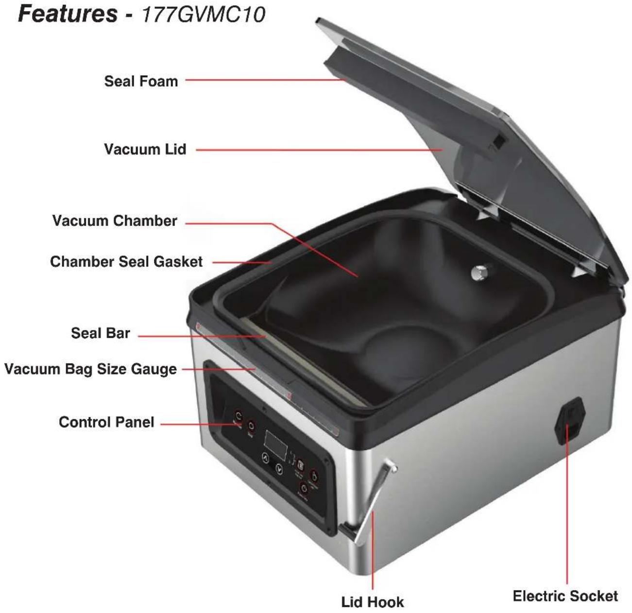 Features - 177GVMC10 Seal Foam Vacuum Lid Vacuum Chamber Chamber Seal Gasket Seal Bar Vacuum Bag Size Gauge Control Panel Lid Hook Electric Socket