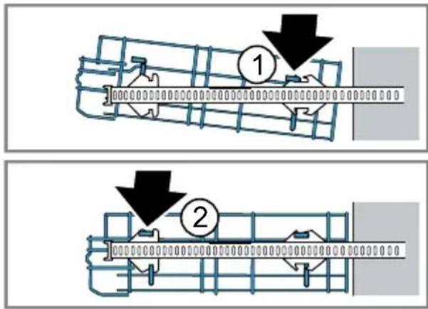 Technical diagram showing two mechanical assembly steps with numbered components and directional arrows indicating process flow.