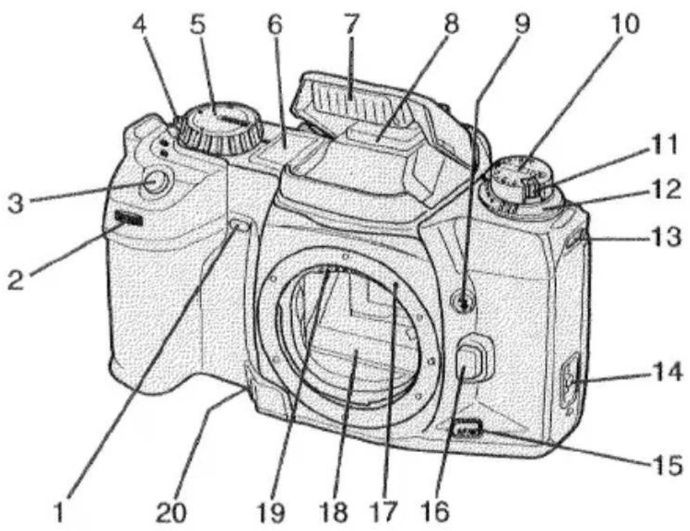 Labeled diagram of a DSLR camera with numbered parts for identification