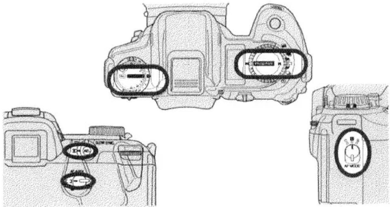 Technical diagram of a DSLR camera with labeled dials and control knobs, showing front, side, and top views.