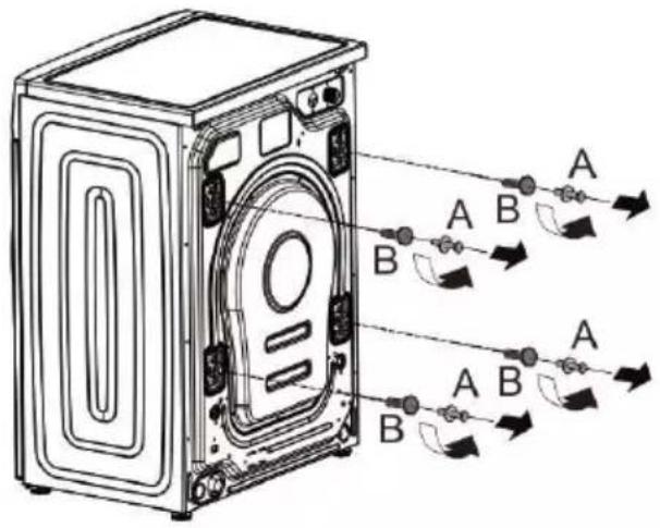 Technical diagram of a washing machine with labeled components and directional arrows indicating flow or movement.