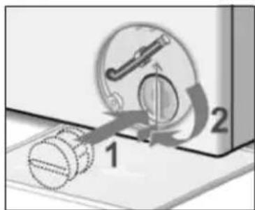 Diagram showing mechanical components with numbered labels 1 and 2, likely illustrating a turning or disassembly process.