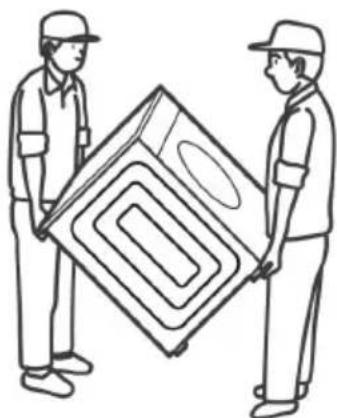 Two workers in hard hats exchanging a large mechanical component (no text or symbols visible)