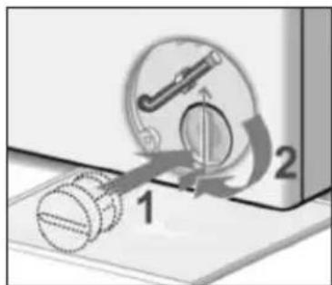 Diagram showing a mechanical device with labeled parts 1 and 2, likely illustrating a motion or assembly process.