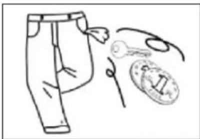 Simple line drawing of a person in pants with tools and coins nearby (no text or symbols)