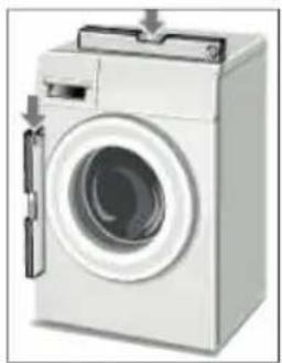 White washing machine with side door and control panel, no visible text or symbols