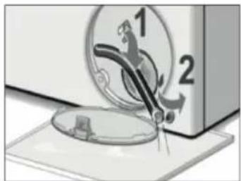 Illustration of a sewing machine needle stitching a circular component, with no visible text or symbols