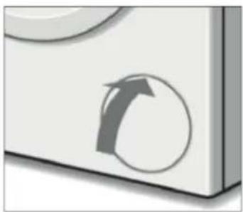 Close-up of a white electronic device with a circular button and an arrow symbol (no text or labels)