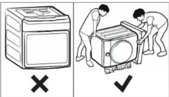Diagram showing two scenarios: one with a box marked 'X' and another with workers installing or repairing a machine, marked '✓'.