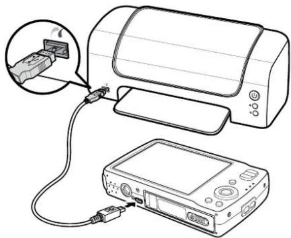 Line drawing of a printer connected to a digital device via cable, with an inset showing a close-up of the printer's cable (no text or symbols present)