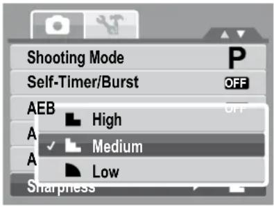 Shooting Mode Self-Timer/Burst OFF AEB High Medium Low Sharpness