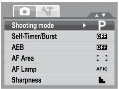 Shooting mode Self-Timer/Burst AEB AF Area AF Lamp Sharpness