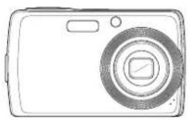 Line drawing of a digital camera with lens and screen (no text or symbols)