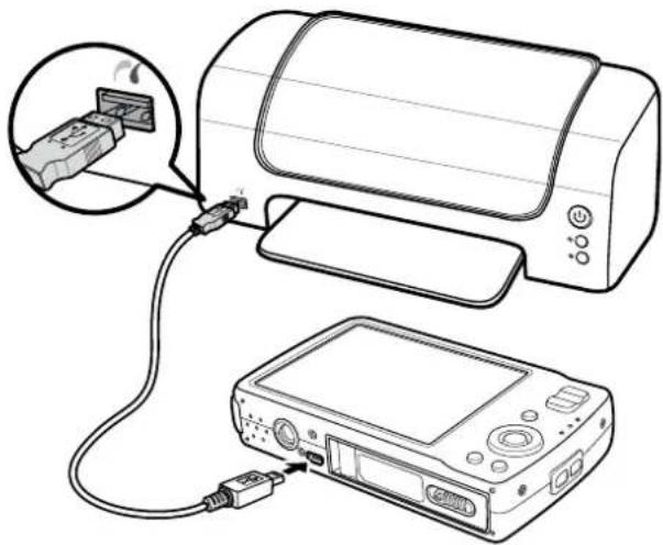 Diagram showing a printer connected to a digital device via cable, with an inset image of a device being inserted (no text or symbols present)