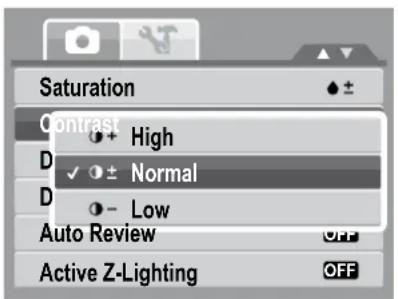 Saturation Contrast High D Normal D Low Auto Review Active Z-Lighting OFF