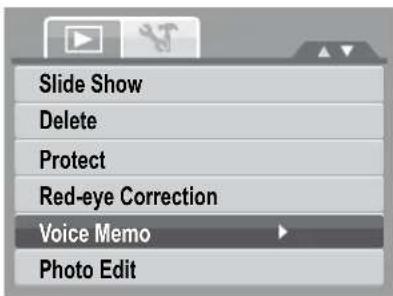 Slide Show Delete Protect Red-eye Correction Voice Memo Photo Edit