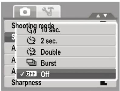 Shooting mode 10 sec. 2 sec. Double Burst ✓ OFF Off Sharpness
