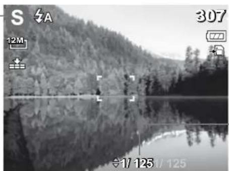 Black-and-white landscape photo of a forested lake with reflection, showing camera and time settings (no readable text or symbols)