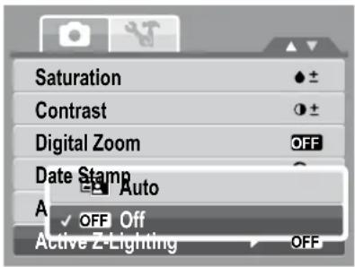 Saturation Contrast Digital Zoom Date Stamp Auto A OFF Off Active Z-Lighting