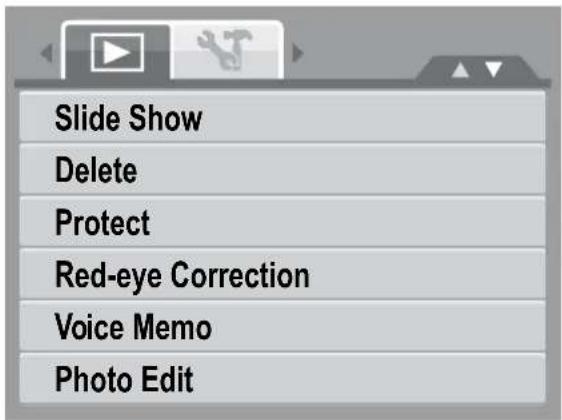 Slide Show Delete Protect Red-eye Correction Voice Memo Photo Edit