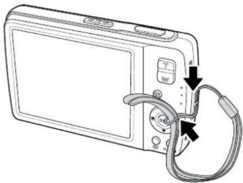 Line drawing of a digital camera with attached cable and control buttons (no text or symbols)
