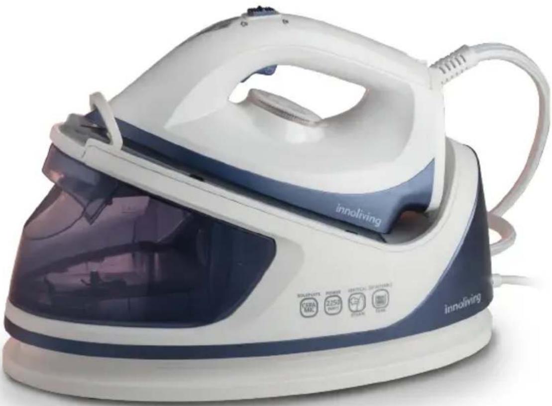 Exterior view of a white and blue innoliving steam iron with visible branding (no text or symbols on the device itself)