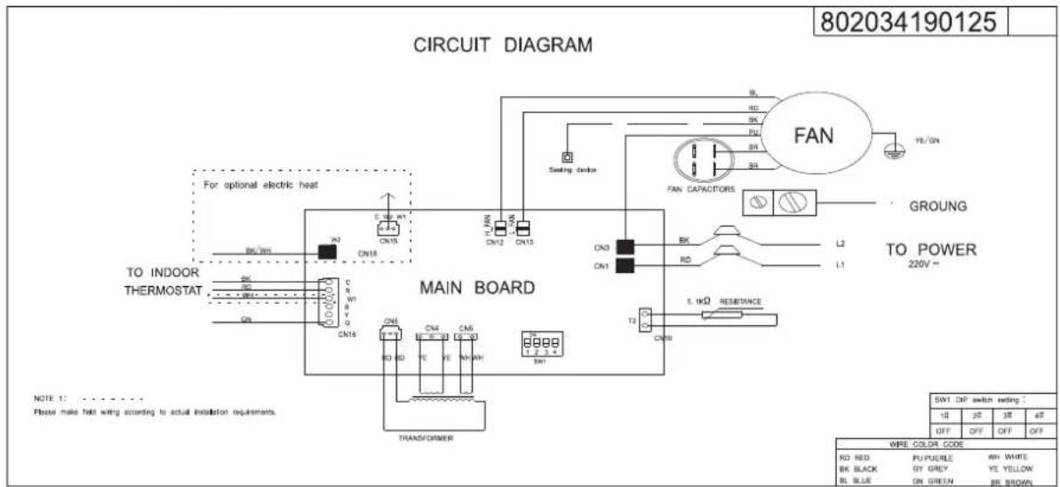 CIRCUIT DIAGRAM 802034190125 For optional electric heat TO INDOOR THERMOSTAT MAIN BOARD FOR CN15 CN16 CN17 CN18 CN19 CN20 CN21 CN22 CN23 CN24 CN25 CN26 CN27 CN28 CN29 CN30 CN31 CN32 CN33 CN34 CN35 CN36 CN37 CN38 CN39 CN40 CN41 CN42 CN43 CN44 CN45 CN46 CN47 CN48 CN49 CN50 CN51 CN52 CN53 CN54 CN55 CN56 CN57 CN58 CN59 CN60 CN61 CN62 CN63 CN64 CN65 CN66 CN67 CN68 CN69 CN70 CN71 CN72 CN73 CN74 CN75 CN76 CN77 CN78 CN79 CN80 CN81 CN82 CN83 CN84 CN85 CN86 CN87 CN88 CN89 CN90 CN91 CN92 CN93 CN94 CN95 CN96 CN97 CN98 CN99 FAN YE/ON FAN CAPACITORS GROUND L2 L1 TO POWER 220V~ S. IKΩ RESISTANCE T2 CN18