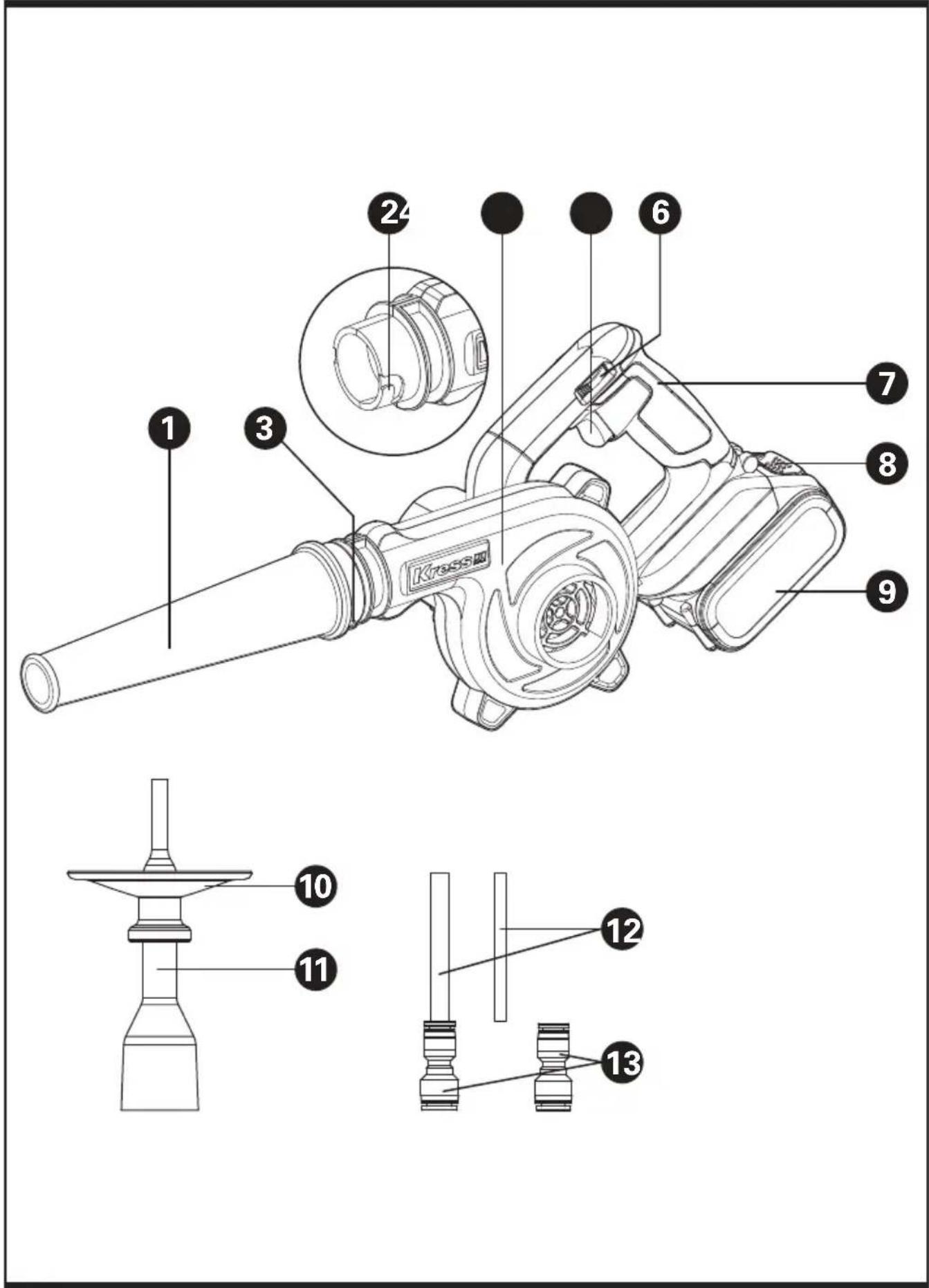 Technical diagram of a Kerosse motor with numbered parts and exploded view, including labeled components.