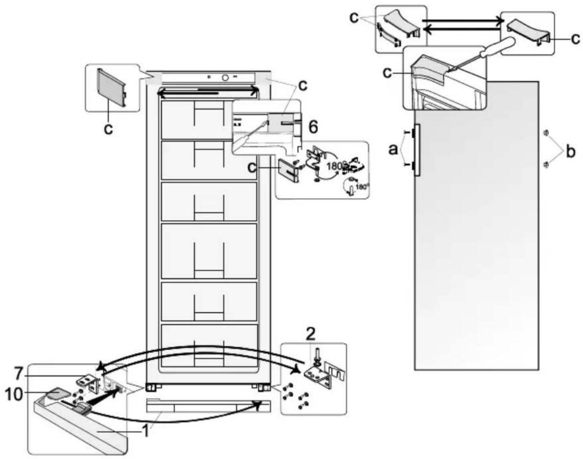 Technical diagram of a refrigerator interior with labeled components and directional arrows indicating assembly or movement.