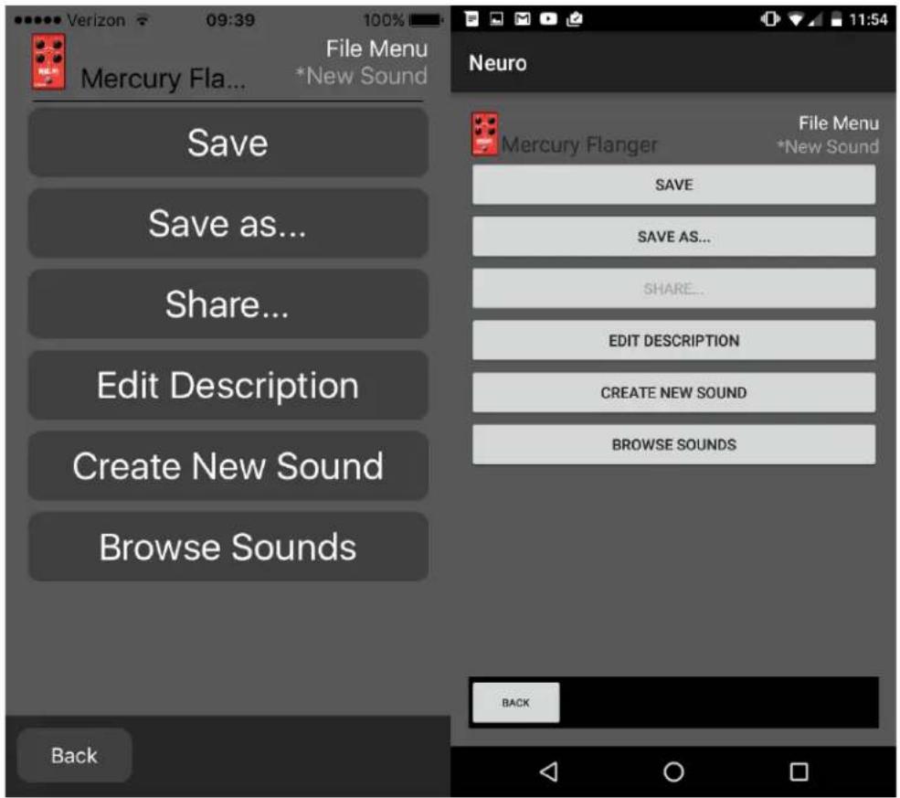 Verizon 09:39 100% Mercury Fla... File Menu *New Sound Save Save as... Share... Edit Description Create New Sound Browse Sounds Back Neuro Mercury Flanger File Menu *New Sound SAVE SAVE AS... SHARE... EDIT DESCRIPTION CREATE NEW SOUND BROWSE SOUNDS BACK