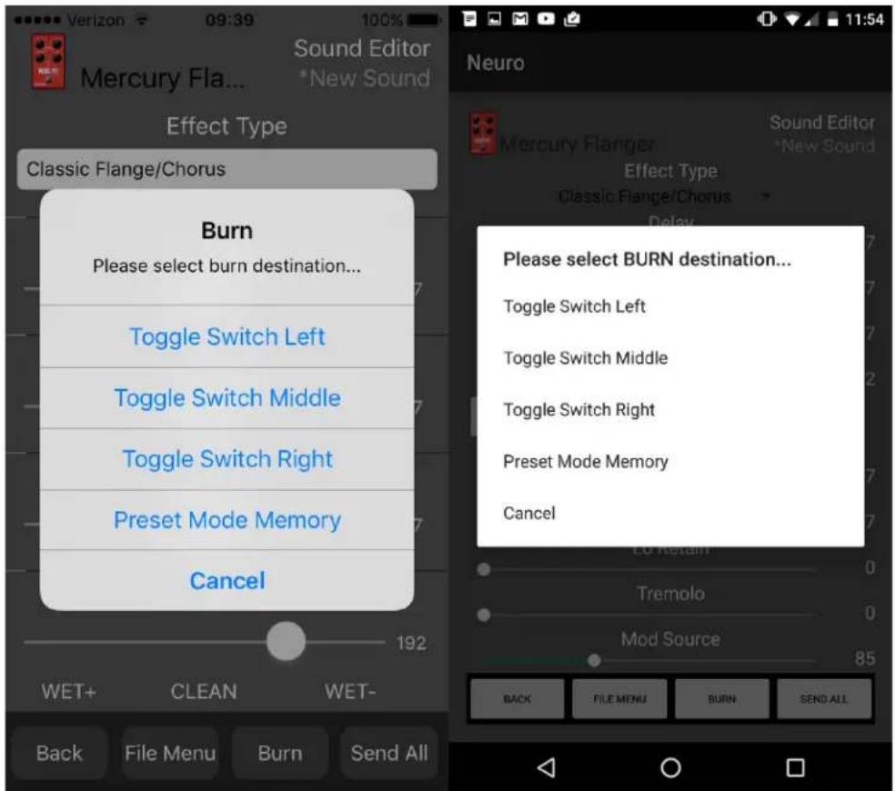 Verizon 09:39 100% Sound Editor Mercury Fla... *New Sound Effect Type Classic Flange/Chorus Burn Please select burn destination... Toggle Switch Left Toggle Switch Middle Toggle Switch Right Preset Mode Memory Cancel 192 WET+ CLEAN WET- Back File Menu Burn Send All Neuro Sound Editor Mercury Flanger *New Sound Effect Type Classic Flange/Chorus Please select BURN destination... Toggle Switch Left Toggle Switch Middle Toggle Switch Right Preset Mode Memory Cancel Tremolo Mod Source 85 BACK FILE MENU BURN SEND ALL