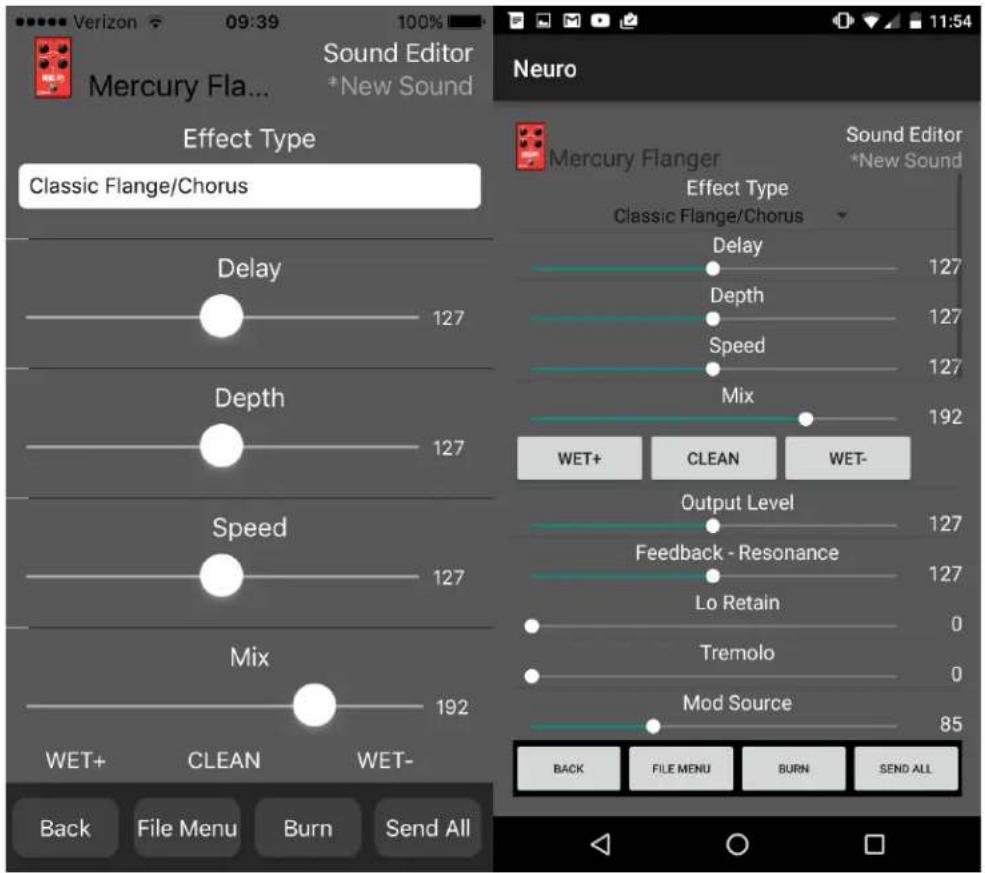 Verizon 09:39 100% Mercury Flange... Sound Editor *New Sound Effect Type Classic Flange/Chorus Delay 127 Depth 127 Speed 127 Mix 192 WET+ CLEAN WET- Back File Menu Burn Send All Neuro Mercury Flanger Sound Editor *New Sound Effect Type Classic Flange/Chorus Delay 127 Depth 127 Speed 127 Mix 192 WET+ CLEAN WET- Output Level 127 Feedback - Resonance 127 Lo Retain 0 Tremolo 0 Mod Source 85 BACK FILE MENU BURN SEND ALL