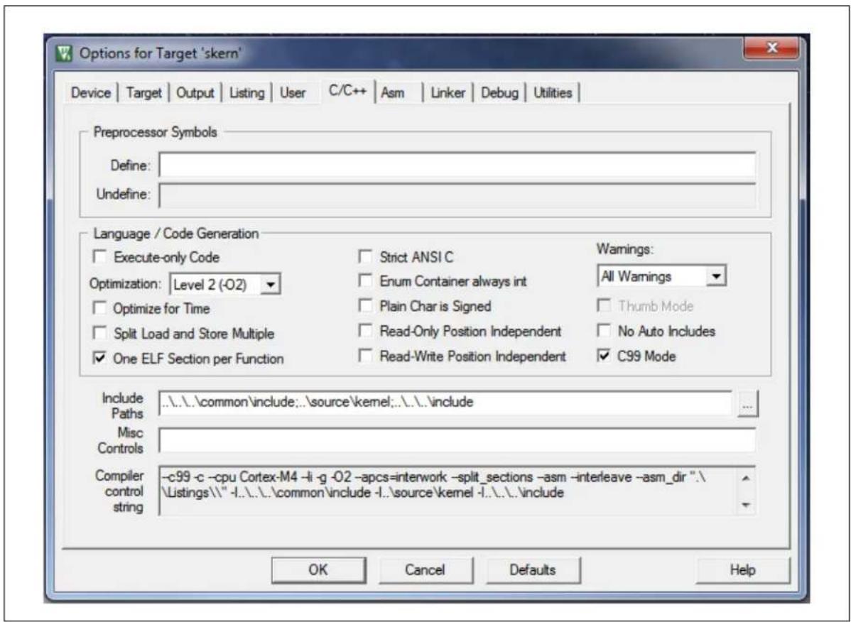 Options for Target 'skern' Device | Target | Output | Listing | User | C/C++ | Asm | Linker | Debug | Utilities | Preprocessor Symbols Define: Undefine: Language / Code Generation Execute-only Code Optimization: Level 2 (-O2) Optimize for Time Split Load and Store Multiple One ELF Section per Functi…