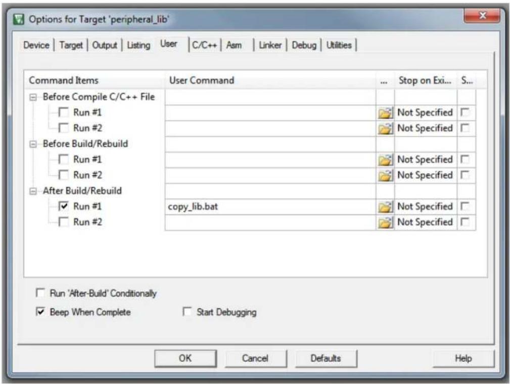 Options for Target 'peripheral_lib' Device | Target | Output | Listing | User | C/C++ | Asm | Linker | Debug | Utilities | Command Items User Command ... Stop on Exi... S... Before Compile C/C++ File Run #1 Not Specified Run #2 Not Specified Before Build/Rebuild Run #1 Not Specified Run #2 Not Speci…