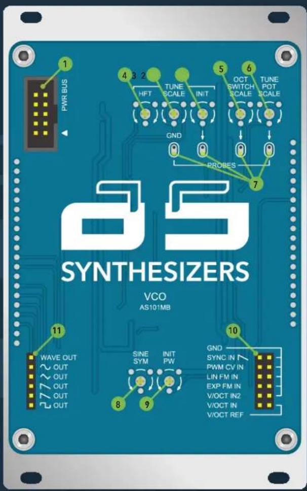 a5 SYNTHESIZERS VCO AS101MB 1 PWR BUS 4 3 2 HFT TUNE SCALE INIT 5 OCT SWITCH SCALE TUNE POT SCALE GND PROBES 7 11 WAVE OUT ~ OUT ~ OUT ~ OUT ~ OUT SINE SYM INIT PW 8 9 10 GND SYNC IN PWM CV IN LIN FM IN EXP FM IN V/OCT IN2 V/OCT IN V/OCT REF