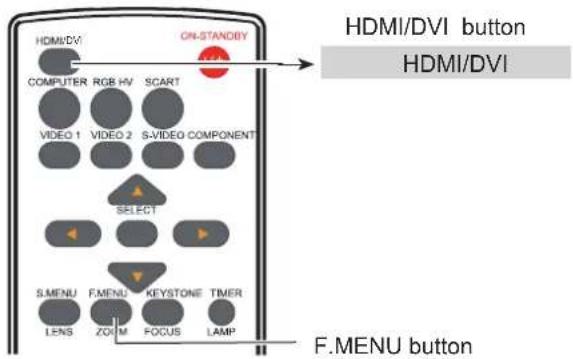 HDMI/DVI ON-STANDBY COMPUTER RGB HV SCART VIDEO 1 VIDEO 2 S-VIDEO COMPONENT SELECT S.MENU F.MENU KEYSTONE TIMER LENS ZOOM FOCUS LAMP F.MENU button HDMI/DVI