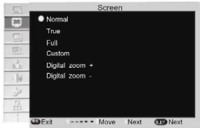 Screen Normal True Full Custom Digital zoom + Digital zoom -